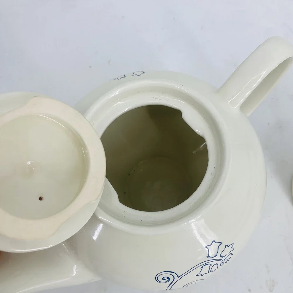 Vintage IKEA Odmjuk Teapot And Creamer Set Bone White With Navy Floral Design